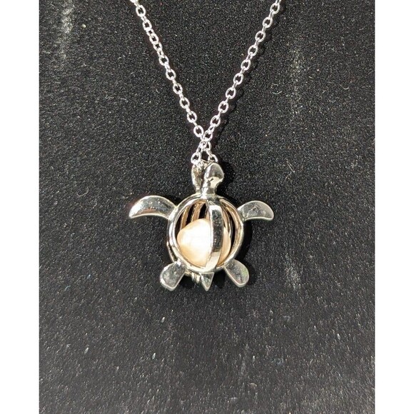 Sea Turtle Pendant with White Baroque Pearl Silver Tone - Picture 8 of 10